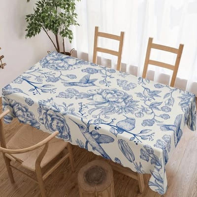 Nappe rectangulaire à motif d'oiseaux floraux bleus pour décoration de table de cuisine/salle à manger, imperméable, réutilisable, pour table intérieure/extérieure 90x140cm