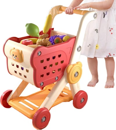 Kinder Winkelwagen - Speelgoed Boodschappenkar - Rollenspel Leren - Inclusief Namaakvoedsel - 57 x 29 x 12 cm - rood
