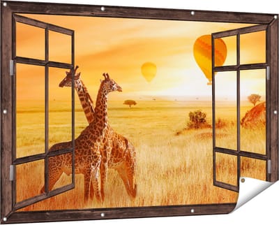 Gards Tuinposter Doorkijk Twee Giraffen met Twee Oranje Luchtballonnen - 150x100 cm - Tuindoek - Tuindecoratie - Wanddecoratie buiten - Tuinschilderij