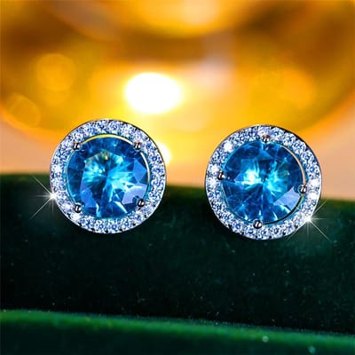 Luxe Vrouwelijke Kristal Paars Blauw Groen Ronde Oorknopjes Kleur Bruiloft Sieraden Voor Vrouwen blue