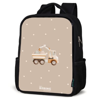 NoBoringSuitcases.com® - Rugzak zwart - Schooltas jongen & meisje - Gele kiepwagen met stenen en stippenpatroon - Rugtas voor school - Boekentas kind - Schoolrugzak - Kinderrugzak