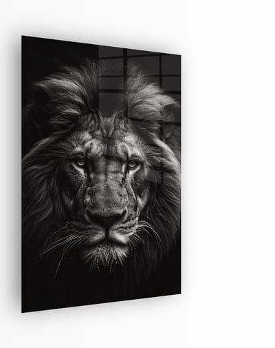 Indoorart - Glasschilderij Leeuwenkop Zwart Wit 40x60 CM - Afbeelding op plexiglas - Inclusief montagemateriaal