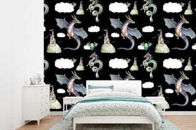 Behang - Fotobehang Jongens - Patronen - Draak - Kasteel - Breedte 360 cm x hoogte 260 cm