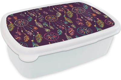 Broodtrommel Wit - Lunchbox - Brooddoos - Dromenvanger - Veren - Patronen - Regenboog - Boho - 18x12x6 cm - Volwassenen