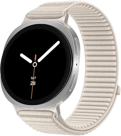 Stravo Nylon bandje – Geschikt voor Samsung Galaxy Watch 9 (40/44mm) / Watch 8 (40/44mm) / 8 Classic (46mm) – Smartwatch horlogeband met geweven structuur en klittenband – Starlight