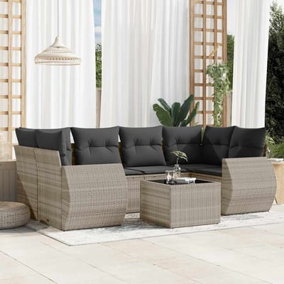 vidaXL - 7-delige - Loungeset - met - kussens - poly - rattan - lichtgrijs