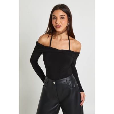 boohoo Dames Slinky Strik Bardot Detail Top | Zwart | Maat: 34