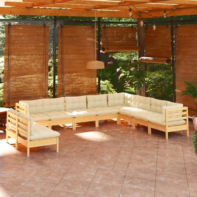 vidaXL - 10-delige - Loungeset - met - crèmekleurige - kussens - grenenhout