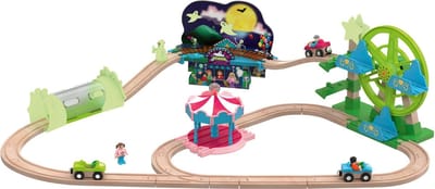 Trein - Houten treinbaan - Pretpark - Met licht- en geluidseffecten - Glow in the dark - 32 delig - Leeftijd: 3+ - Houten trein - Treinbaan - VI Online Products