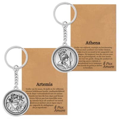 Athena & Artemis Sleutelhanger Bundel – Wijsheid & Onafhankelijkheid - Zilverkleurig Stainless Steel - Griekse Goden Sleutelhangers Set - Pax Amare