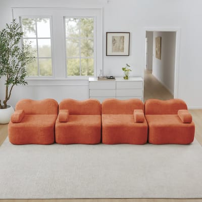 DESMIU Zitbank 384 Cm - Modulaire 4-Zits Met Frameloos Ontwerp En 32D Schuim - Voor Woonkamer En Appartement - Fluweel Oranje