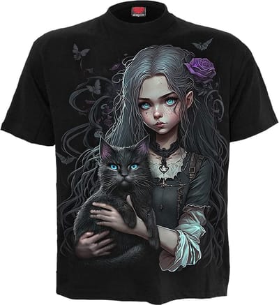 Zwart T-shirt met Grafische Opdruk - Kat, Heks, Biker Stijl