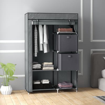 MODFU - Stoffen Kledingkast - Met Kledingroede En 6 Planken - Ruimtebesparend - Staal En Vliesstof - Donkergrijs - 102 x 42,5 x 162,5 cm