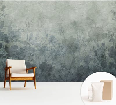 Wallfluent Behang - Plantaardige elegantie Muurbehang - 312x219 cm - Grijs Behang - Voor liefhebbers van kunst en natuur - Behang Voor de slaapkamer, woonkamer en kantoor - Wandbekleding Bloemen en planten