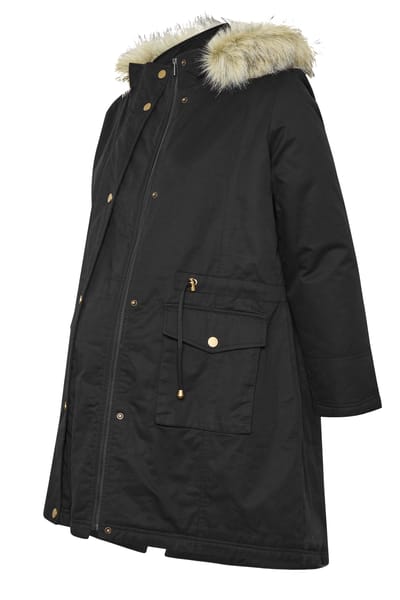 Bump It Up Maternity Zwarte Parka Met Imitatiebontkraag Size 42