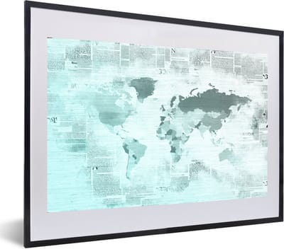 Poster in lijst - Fotolijst 60x40 cm - Posters - Wereldkaart - Krant - Blauw - Posterlijst zwart - Decoratie - Wanddecoratie woonkamer - Muurdecoratie slaapkamer