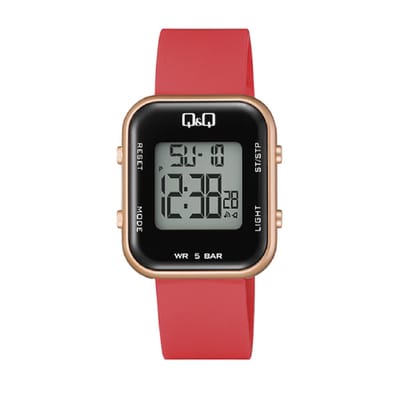 Q&Q M207J006Y - Horloge - Digitaal - Unisex - Siliconen band - Rechthoek - Kunststof - Datumaaanduiding - AM/PM - LED - Alarm - Tweede tijdzone - StopWatch - Backlight - Waterducht 5ATM - Rood - Rosékleurig - Zwart