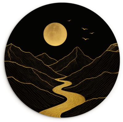 WallCircle® Wandcirkel 120x120 cm - Muurcirkel Rivier - Goud - Maan - Vogels - Muurdecoratie woonkamer - Wanddecoratie slaapkamer - Kamer decoratie accessoires - Ronde schilderijen XXL