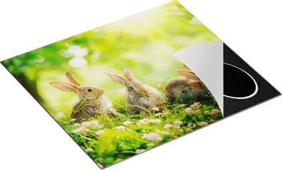 Chefcare Inductie Beschermer Drie Konijnen op het Gras bij Zonneschijn - 60x50 cm - Afdekplaat Inductie - Kookplaat Beschermer - Inductie Mat