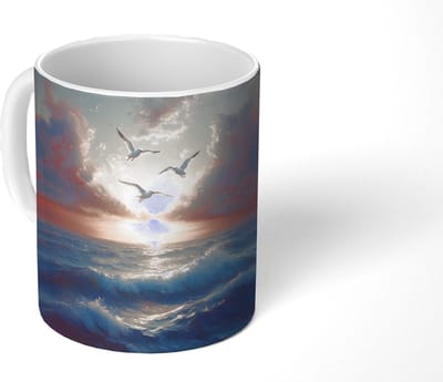 Mok - Koffiemok - Meeuwen - Zonsondergang - Zee - Wolken - Mokken - 350 ML - Beker - Koffiemokken - Theemok