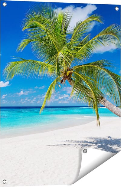 Gards Tuinposter Tropisch Strand met een Palmboom - 60x80 cm - Tuindoek - Tuindecoratie - Wanddecoratie buiten - Tuinschilderij
