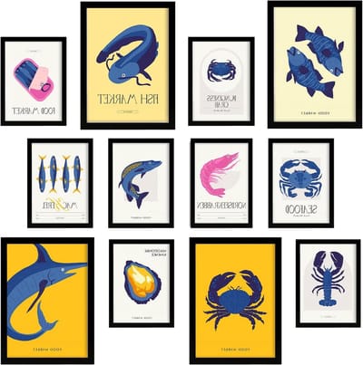 Poster Set Zeevruchten - Wanddecoratie Prints - Woonkamer Decoreren - 12 Delige Set - A3 en A4 - Zwart
