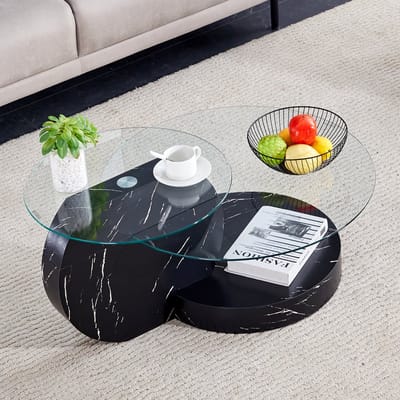MODENUIT Salontafel - Gehard Glas Met Gelaagd Ontwerp - Voor Woonkamer - MDF En Glas - 49,8/69,8 Cm - Zwart