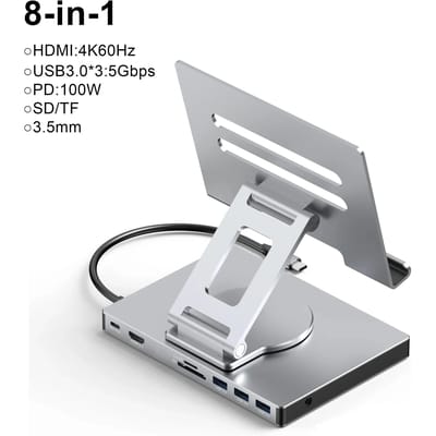 9-in-1 USB C HUB Tablethouder Docking Station 4K60Hz HDMI USB3.0 5Gbps 1000Mbps Ethernet Gegevensoverdracht Standaard voor Tablet Telefoon 8 in 1