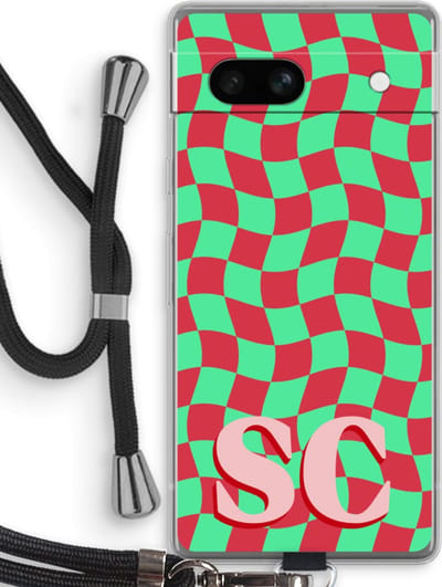 Gepersonaliseerd - Case Company® - Hoesje met koord geschikt voor Google Pixel 7A hoesje met Koord - Grid Monogram - Telefoonhoesje met Zwart Koord - Bescherming aan alle Kanten en Over de Schermrand