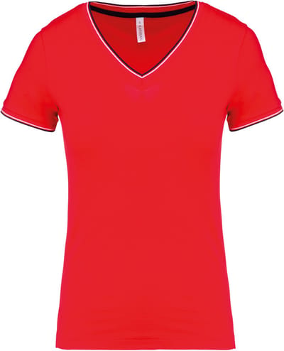 Kariban Dames-t-shirt piqué V-hals K394 - Red / Navy / White - XXL