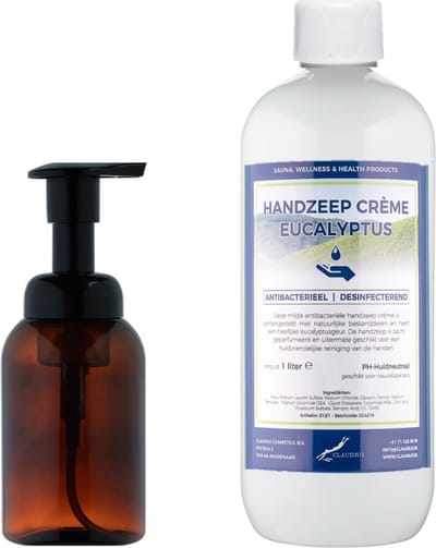 Zeepdispenser 300 ml amber bruin hervulbaar + 1 liter Handzeep Crème Eucalyptus navulling