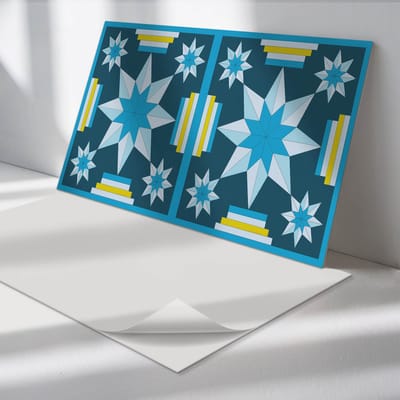 Wallfluent Vinyl Tegels - Geometrische Sterren in Arrangement Zelfklevende Vinyl Tegels - 40 cm x 20 cm - Blauw Vinyl Tegels - Set van 10 - Rechthoek PVC Tegels - Abstractie Plaktegels - Vinyl Wandtegels - Plaktegels Keuken en Badkamer