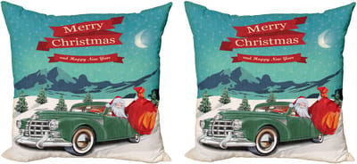 ABAKUHAUS Kerstkussenhoez set van 2, Sint in de klassieke auto, 40x40 cm, turquoise rood