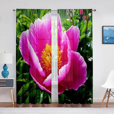 Roze Pioenroos Close-up en Groene Bladeren Tule Gordijnen voor Woonkamer Huisdecoratie Raamgordijn Keuken Transparant Voile Gordijn 1 PCS W100XH250cm&Grommet Top