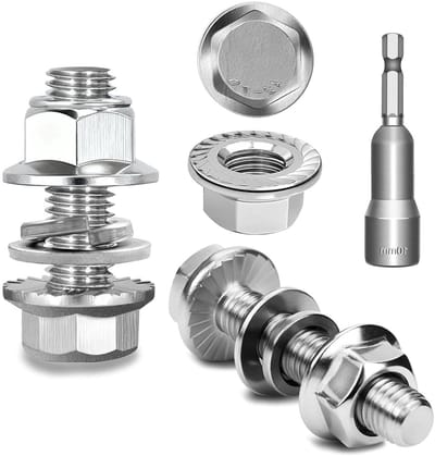 RVS M6 x 16 mm Hex Head Schroeven Set van 15, Volledige Draad, Inclusief Moeren en Ringen voor Duurzame Bevestiging