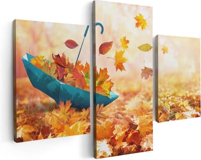 Artaza Canvas Schilderij Drieluik Blauwe Paraplu in de Herfstbos met Bladeren - 90x60 - Foto Op Canvas - Canvas Print