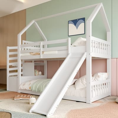 DESMIU Stapelbed 90x200cm Met Matras | Huisbed Met Glijbaan En Opbergtrede Voor Kinderen En Jongeren | Dennenhout En Mdf | Wit