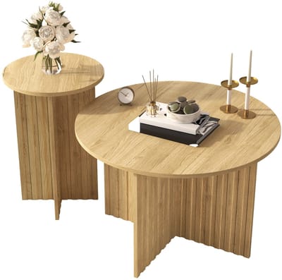 Merax Nest-Tafel Set 2-delig – Ronde Houten Salontafels & Bijzettafels in Scandinavisch Design – Ruimtebesparend & Veelzijdig