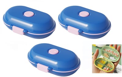Pillendoos – Pillenorganizer – ABS-materiaal – Ontwerp met 7 vakken – Veilige sluiting – Opbergdoos voor tabletten – Medicatie-organizer – 3-pack –Blauw