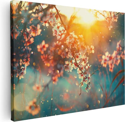 Artaza Canvas Schilderij Bloesemtak - 40x30 cm - Klein - Wanddecoratie Bloemen Zonsondergang - Muurdecoratie Lente - Kamer Accessoires