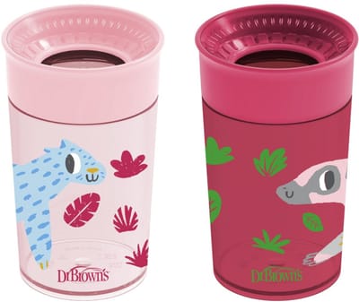 Dr. Brown’s Milestones Cheers 360° Spoutless Drinkbeker 300 ml – Lekvrije Oefenbeker Zonder Tuit voor Baby & Peuter – Reisvriendelijk met Deksel – Pink Leopard & Red Lemur – 2 Stuks
