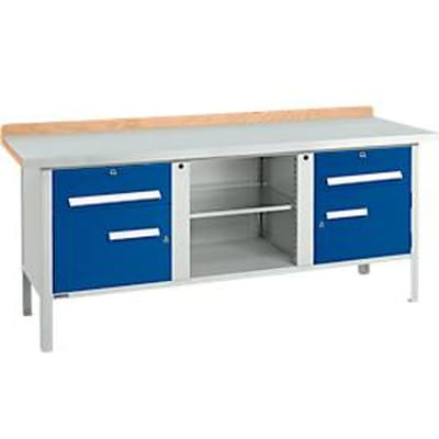 Box-type werkbank Schäfer Shop Select PW 200-0 - beuken multiplex blad - met stalen afdekking - tot 750 kg - B 2000 x D 700 x H 840 mm - gentiaanblauw