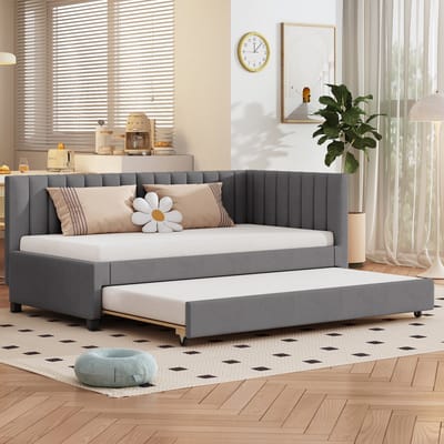 DESMIU Gestoffeerd Bed 90x200cm – Uitklapbaar Slaapbankbed Met Uitrolbaar Onderbed – Voor Jeugd-, Kinder- En Gastenruimte – Zacht Fluweel – Grijs – Zonder Matras