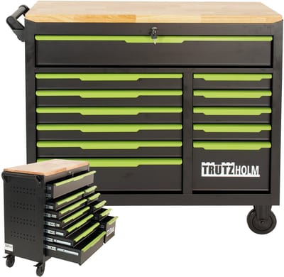 Werkplaatswagen Star XL onuitgerust 103 x 112 cm staal zwart/groen 12 laden hardhouten blad