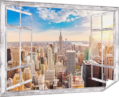 Gards Tuinposter Doorkijk New York Manhattan tijdens Zonsondergang - 180x120 cm - Tuindoek - Tuindecoratie - Wanddecoratie buiten - Tuinschilderij