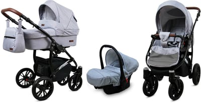 BabyLux® Kinderwagen 3in1 – OPTIMAL - SILVER FLEX BLACK FRAME - Opklapbare Wandelwagen incl. Reiswieg, Multifunctionele Buggy Sportstoel, Autostoel - Combi-kinderwagen met Luiertas, Regenhoes, Klamboe, Bekerhouder, etc.