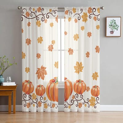 Herfst Thanksgiving Esdoornblad Slaapkamer Transparante Dunne Gordijnen Vakantiedecoratie Raam Voile Tule Gordijn 135W x 114H(cm) white