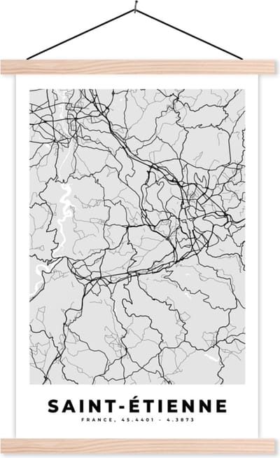Posterhanger incl. Poster 40x60 cm - Schoolplaat - Frankrijk - Plattegrond - Kaart - Saint-Étienne - Stadskaart - Textielposter - Blanke latten - Stadskaart