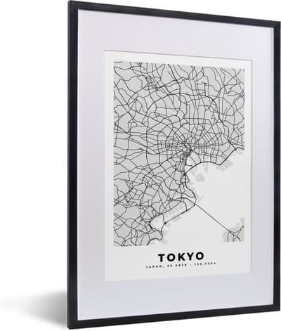 Fotolijst incl. Poster Zwart Wit- Tokyo - Stadskaart - Zwart Wit - Plattegrond - Kaart - 30x40 cm - Posterlijst