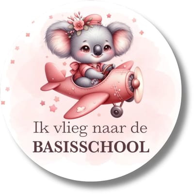 Ik vlieg naar de basisschool stickers - Afscheid kinderopvang - Koala vliegtuig roze - 20 stuks - 4 cm